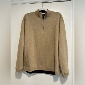 Hathaway Men Size L Tan 1/4 Zip Cotton Pullover Sweater Contrast Brown Topstitch